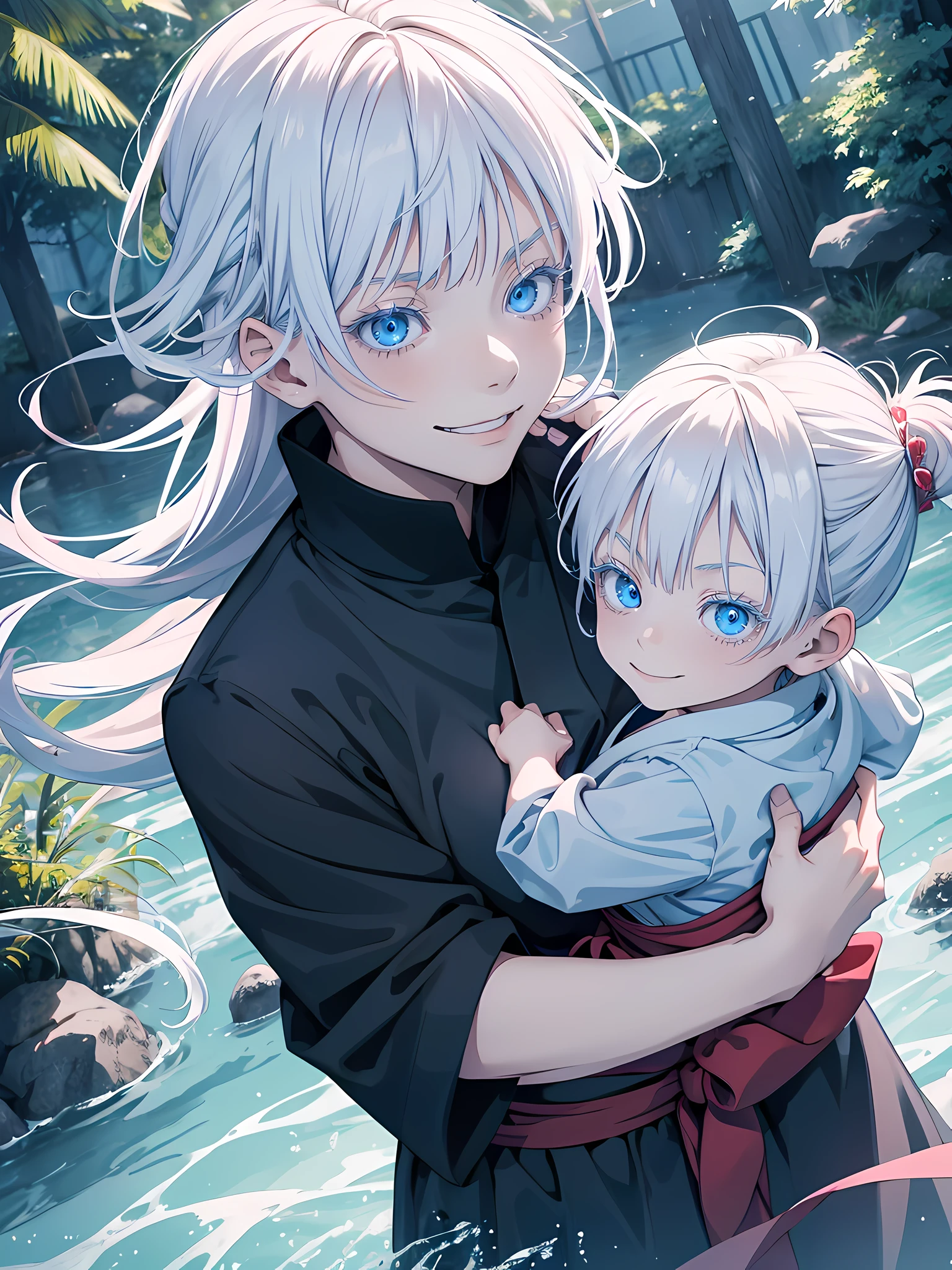 young girl, , age 5amale version, female, jujutsu kaisen, solo, alone, smiling white hair, bangs, long hair, white eyebrows, white eyelashes, light blue eyes, glowing eyes, wearing blue japanese clothing, park, nature park, high quality, 4k resolution, anime