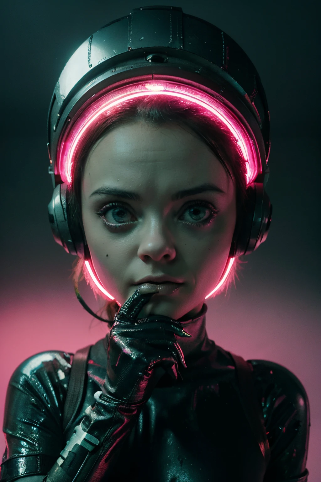 A Modern flat toon Crazy whit a Big ONE a Only Eye Robot and helmet Style, like Christina Ricci in PINK, tongs in hands, Tv head, pinhead, camouflage Pink Light Green Rusty, Ambient in a meteorite crater super detailed, center, beautiful, soft lighting, focused on the character, 4K resolution, photorealistic rendering,