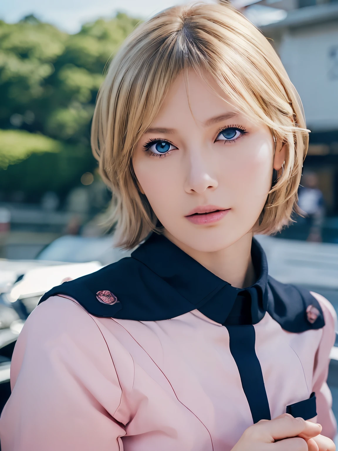 ((masterpiece、top-quality、realisitic、ultra-detailliert、hight resolution、Photorealsitic、foco nítido、photographrealistic、Raw photography、face lights))、High brightness、bustshot、1 female、(kosmos:1.2)、(Dark blue eyes)、blonde hair、Strong gaze、Growing eyes、((Pink Commonwealth Uniforms))、ighly detailed、Raw texture、sayla mass、Detailed hand depiction