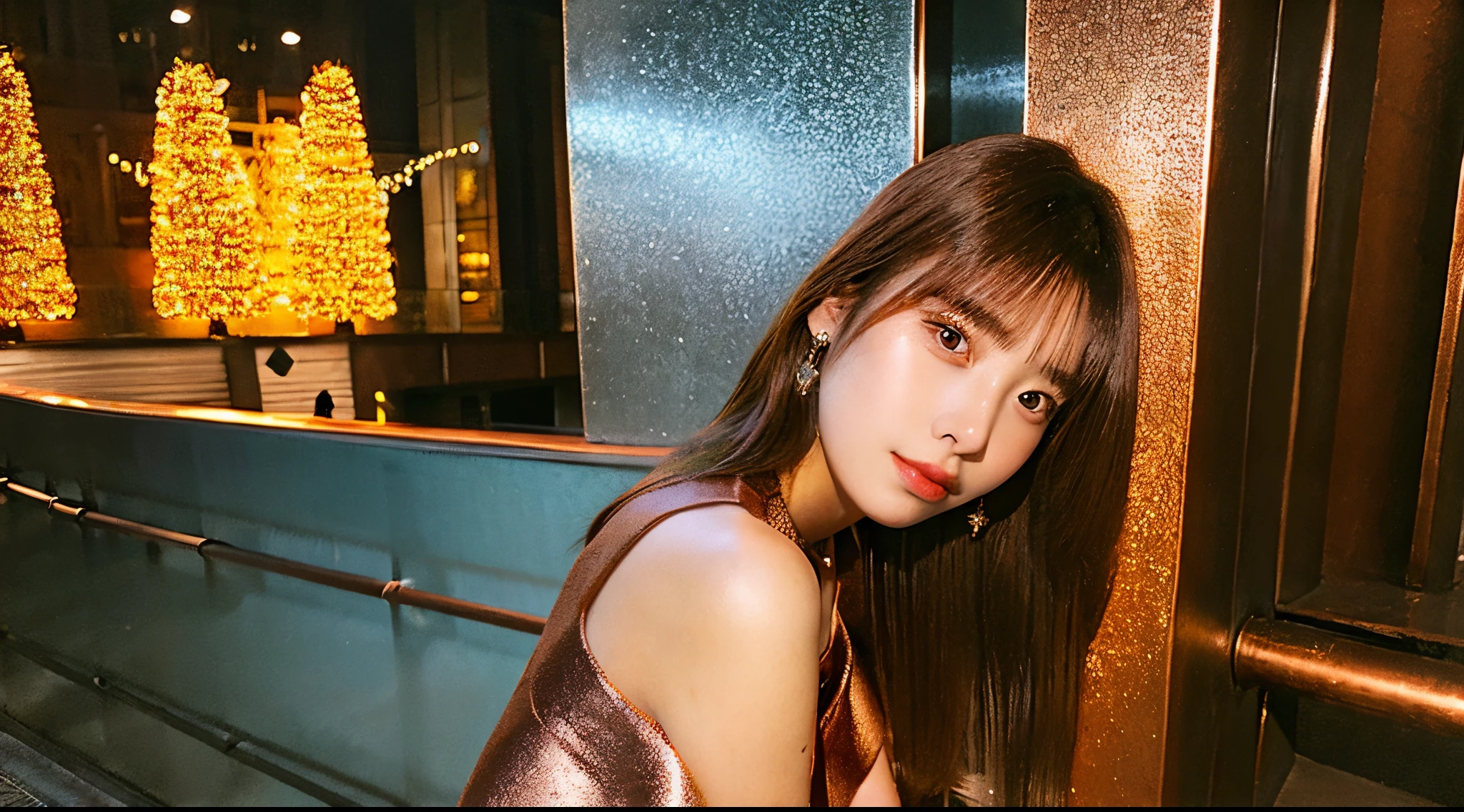 Beautiful 18-year-old girl in a copper-colored miniskirt dress