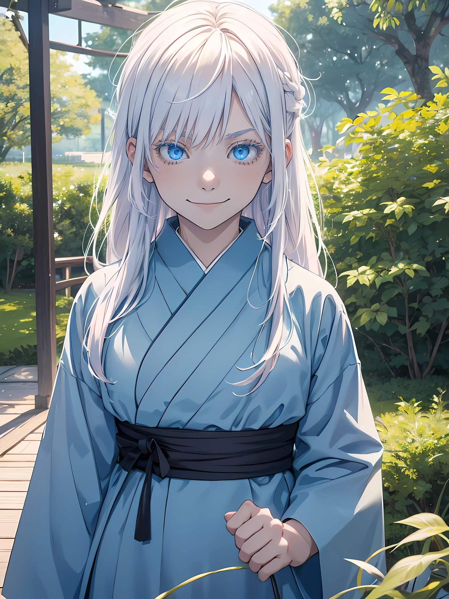 young , age 5ale version, female, jujutsu kaisen, solo, alone, smiling white hair, bangs, long hair, white eyebrows, white eyelashes, light blue eyes, glowing eyes, wearing blue Japanese clothing, blue clothing, park, nature park, high quality, 4k resolution, anime