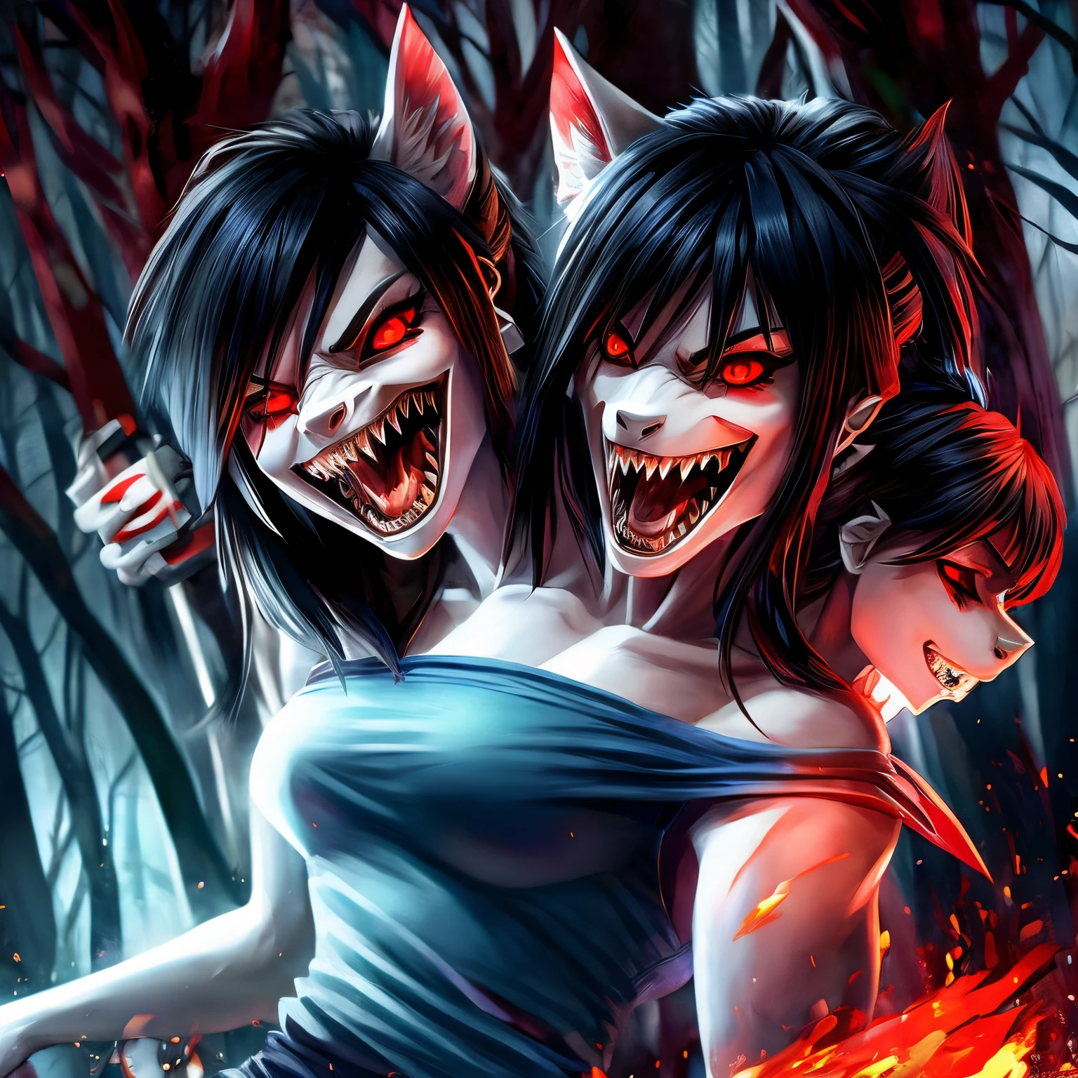 (Masterpiece, best quality), best resolution, (2heads:1.5), 1girl, werewolf, black hair, different hairstyles, shoulder length hair, red eyes, evil smile, sharp teeth, mouth open, different facial expressions, mouth closed, grey one side shoulder top, blue jeans, holding a red cellphone, in front of a dark forest