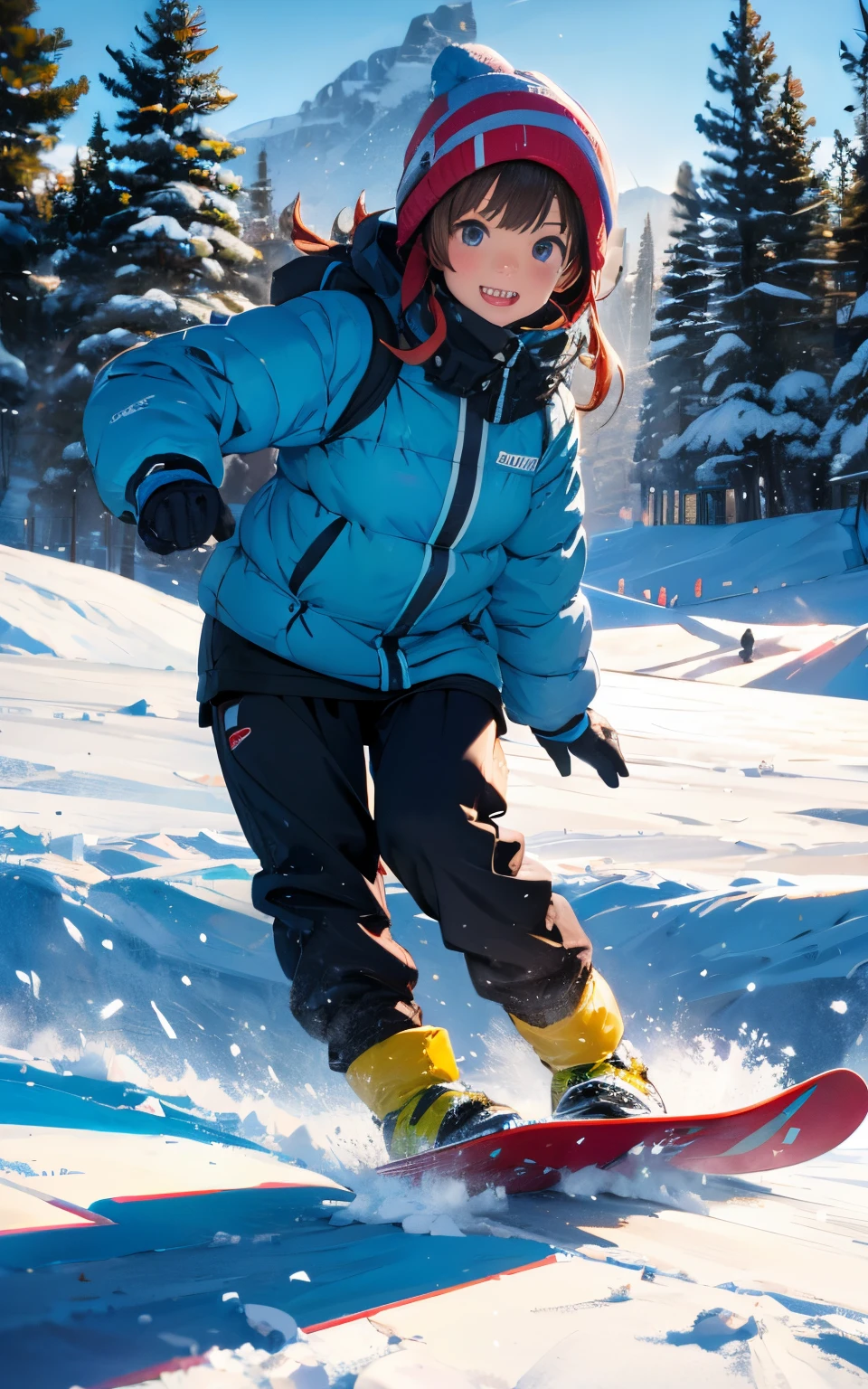 Girl enjoying snowboarding at the ski resort:1.5、realistic sliding、burton snowboard、snowboarder girl、burton clothing、snowy day、Gentle sunshine