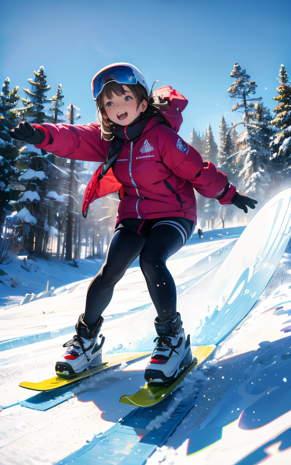 Girl enjoying snowboarding at the ski resort:1.5、realistic sliding、burton snowboard、snowboarder girl、burton clothing、snowy day、Gentle sunshine