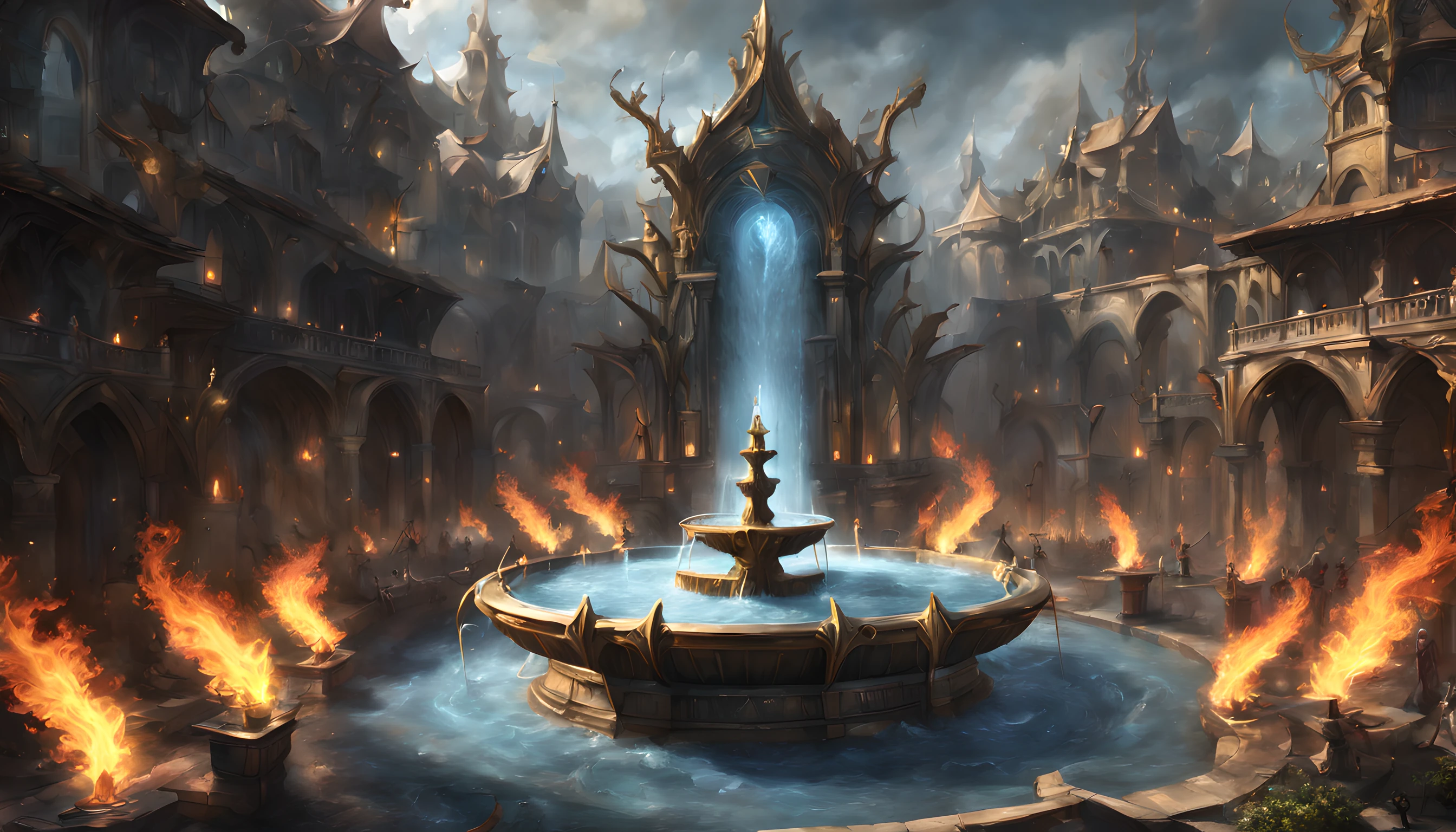 Fantasy art, RPG art, RAWת there is an epic sized magical (water fountain: 1.3) in an elven city town square, it has magical runes gl0w1ngR in the basin of the fountain, many rivulets of water entwined in (fire: 1.2), faize, the fire is combined with the water streams, its night time, moon is rising, photorealistic, 16k, RAW, award winning, (best detailed: 1.5), masterpiece, best quality, (ultra detailed), full body, ultra wide shot, abstract fractal