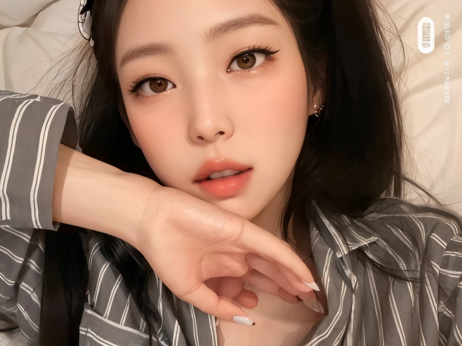 there is a woman lying on a bed with a pair of earrings on her head, linda Delphine, beautiful aesthetic face, menina coreana, Beautiful Asian girl, maquiagem sul-coreana popular, Sakimichan, maquiagem coreana popular, detailed face of a asian girl, Mulher sul-coreana bonita, rosto sexy com maquiagem completa, clear lips and high quality, Asian face