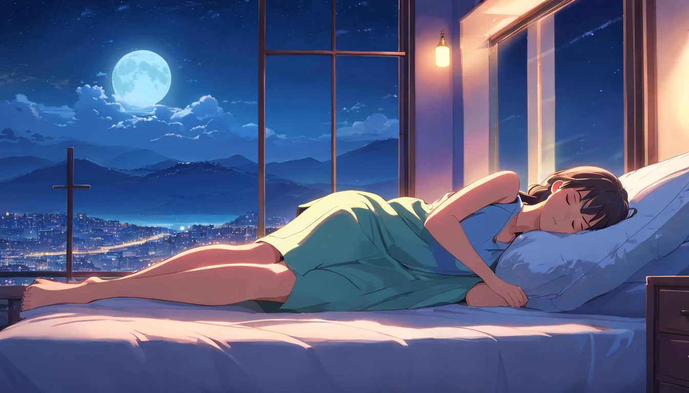 beautiful woman sleeping on a pillow ,window with beautiful landscape, night sky, star, full moon.