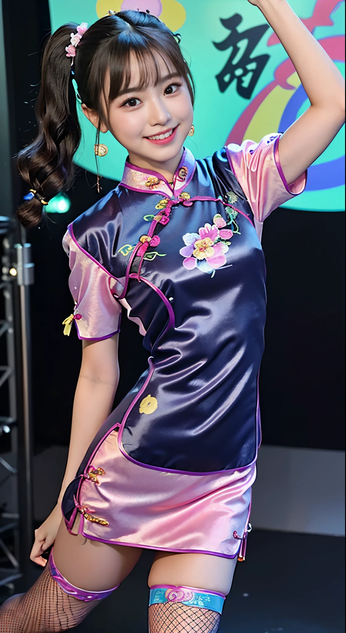 a closeup, masterpiece, top-quality, FULL ANATOMY、Raw foto, Photorealsitic、(Cute face:1.8)、(a baby fy cute smile:1.7)、(with round face:1.7)、(She looks like an idol and is cute:1.7), A dark-haired、(Colorful and erotic cheongsam:1.7), depth of fields, hight resolution, ultra-detailliert, finely detail, ighly detailed, extremely detailed eye and face, Realistic pupils, foco nítido, Cinematic lighting、18-year-old woman、(One lady、独奏:1.3)、 poneyTail、curlyhair、Very detailed 8k wallpaper、Show me your whole body、Looking at the camera、(Pink Fishnet Stockings、Panties are visible)、is standing、Angle from below、(Thigh close-up:1.4)、Nice figure、Clothes with emphasized chest bulge、depth of fields、Bokeh in the background