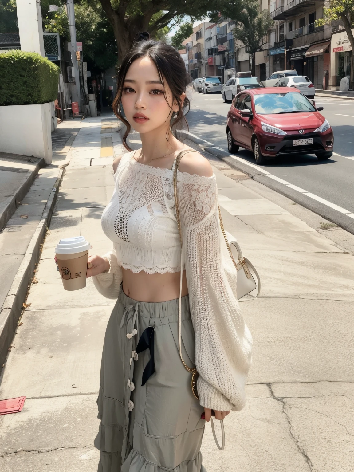 devastated Asian woman with a coffee and a bag on a city street, jennie blackpink, usando um top cropped, usando crop top, manga larga cropped, dilraba dilmurat, usando um top cropped sexy, com corte rasgado t - camisa, usando um top bonito, roupas brancas da moda, vestido com roupas longas e fluentes, usando um top cropped