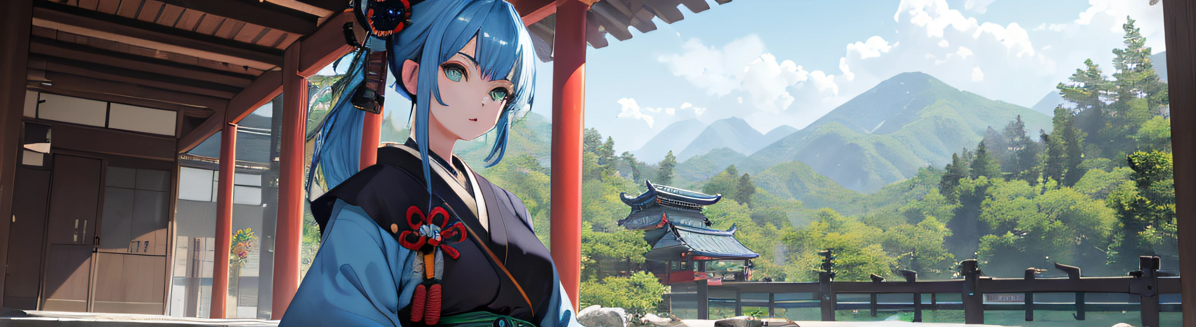 1 girl, blue hair, green eyes, samurai, absurdres, high res, ultrasharp, 8K, masterpiece, looking at viewer, nsfv