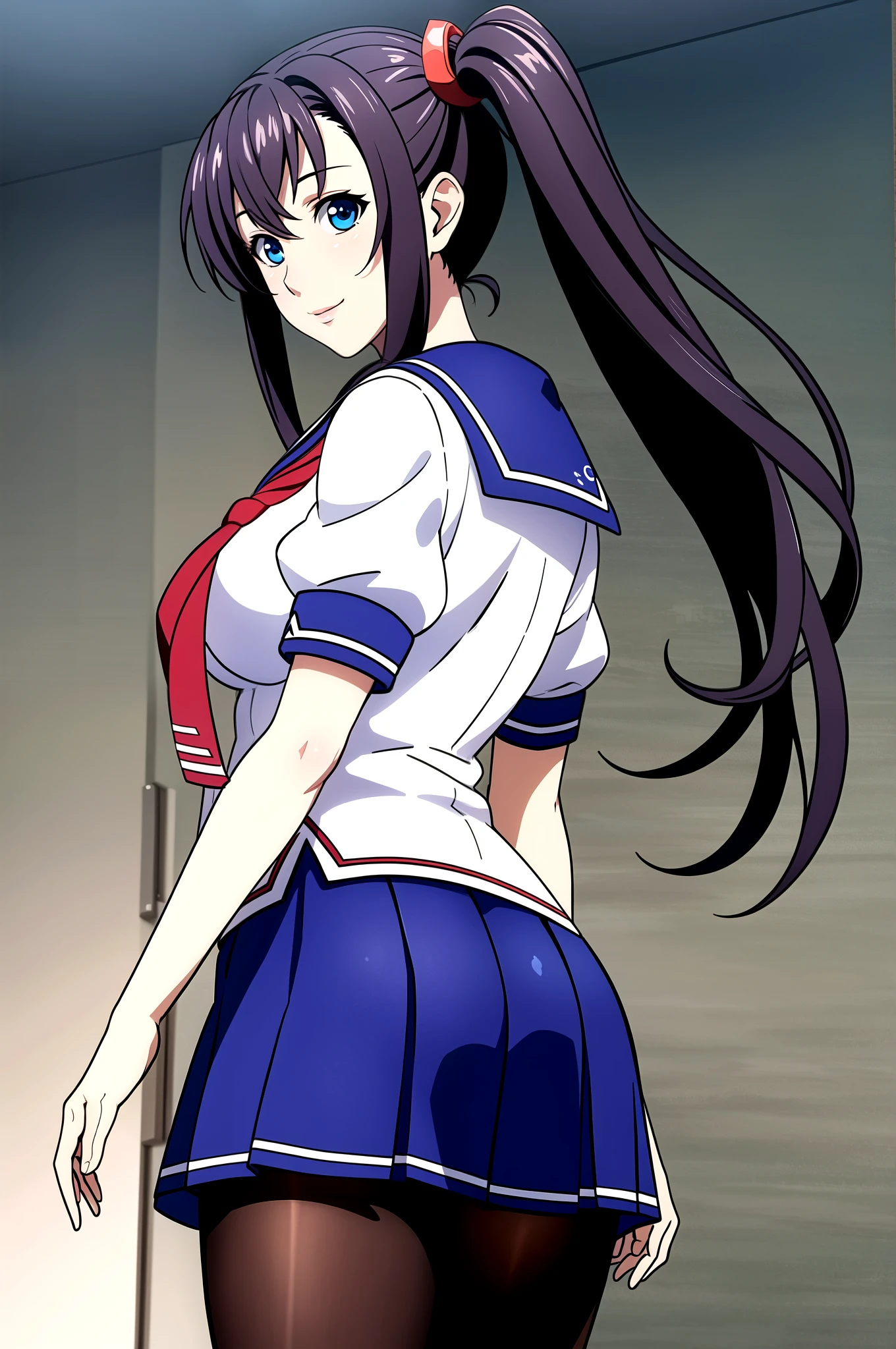 perfect eyes:1.2, detailed eyes:1.4, Blue sailor collar, school uniform, skindentation, ass, from behind, cowboy shot, pantyhose, serafuku, short sleeves, Red neckerchief, White shirt, Blue eyes, Purple hair, bangs, side ponytail, Hair ornament, 20yo, Young female, Beautiful Finger, Beautiful long legs, Beautiful body, Beautiful Nose, Beautiful character design, perfect balance, smile, 1girl, solo, (masterpiece:1.6, best quality), 8k, insane details, intricate details, hyperdetailed, hyper quality, high detail, ultra detailed, professional, HDR, ray tracing reflection, cinematic lighting,