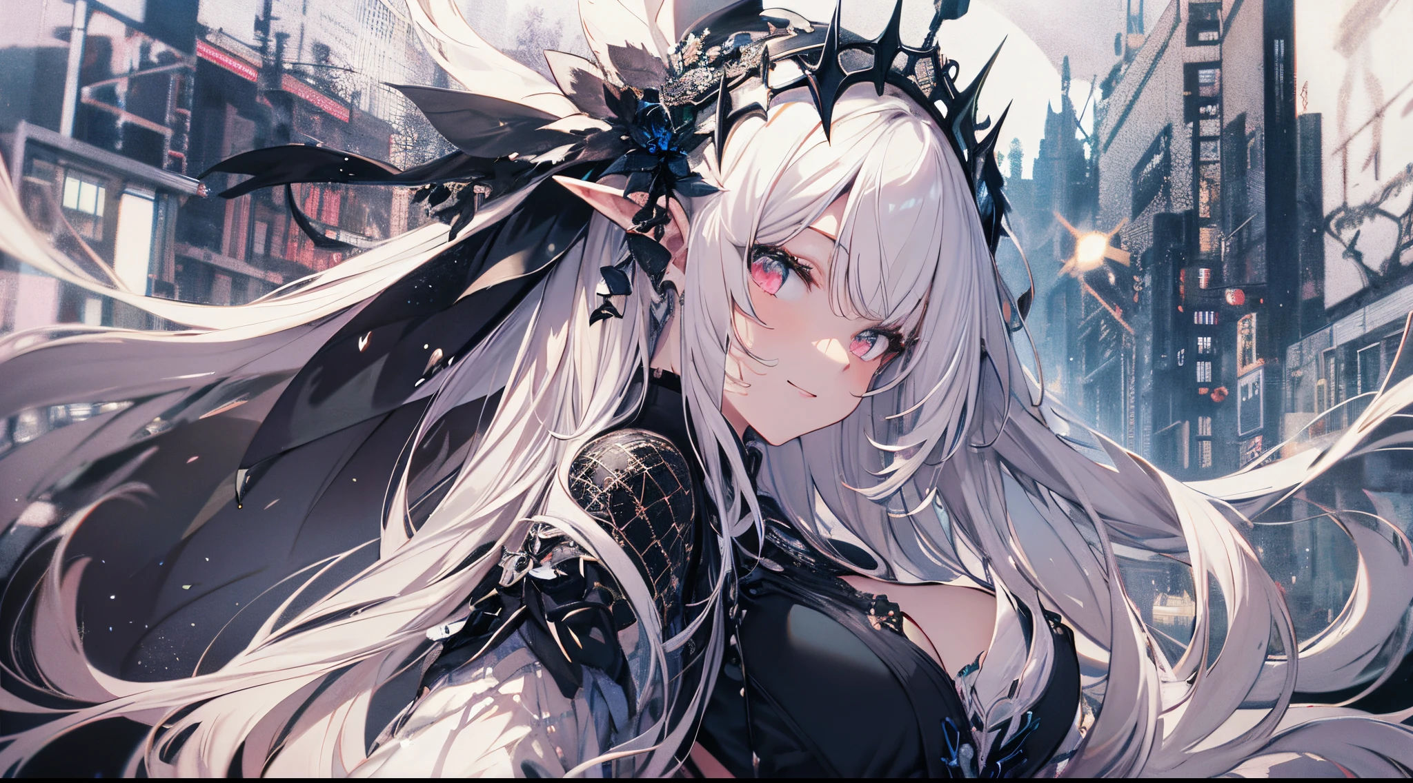 （（tmasterpiece：1.4，Best quality at best））+，（hyper-detailing）+，（詳細な目：1.5）+，（pointy ears：1.5），
（cute girls），ar old，（red color eyes：1.15），（Long pale pink hair:1.5），（wariza：1.2），pale-skinned，Seductive smile，black crystal block，God of darkness&#39;Fe，Red crystal on forehead，Lunette de soleil，
（Gorgeous black shirt，black long pants：1.5），（black Bracelet：1.4）The sleeves are extra-long，black spiked headdress，dense fog，white colossus，Dream bubbles，black fingernails，red apple，standing on your feet，metal chains，Black silk gloves，Green sparkle effect，
（Demon Maiden：1.1），
（dawn light：1.2），
（Thick black and white：1.16），（depth of fields：1.4），Complicated details，color mixing，Detailed route，Excellent,super detailing,The content is very detailed,(hight contrast:1.11),ventania,Amazing cleavage,beautidful eyes,messy  hair,(best illuminate，Extremely Delicately Beautiful), ((movie light lighting)), (seen from the side:1.3)，8K,tmasterpiece，Best quality at best，cinematic Film still from，1 plump girl，（Close-up cleavage：1.1），bright，Interesting，gentlesoftlighting，（bauhause，shape，line engineering，Abstract：1.1）offcial art， Unity 8k壁纸， ultra - detailed， Beautiful and beautiful， tmasterpiece， Best quality at best， （dynamic angle：1.4），PerfectNwsjMajic，（tmasterpiece，top-quality，Best quality at best，offcial art，Beauty and aesthetics：1.2），The content is very detailed，rich colourful，highest details，