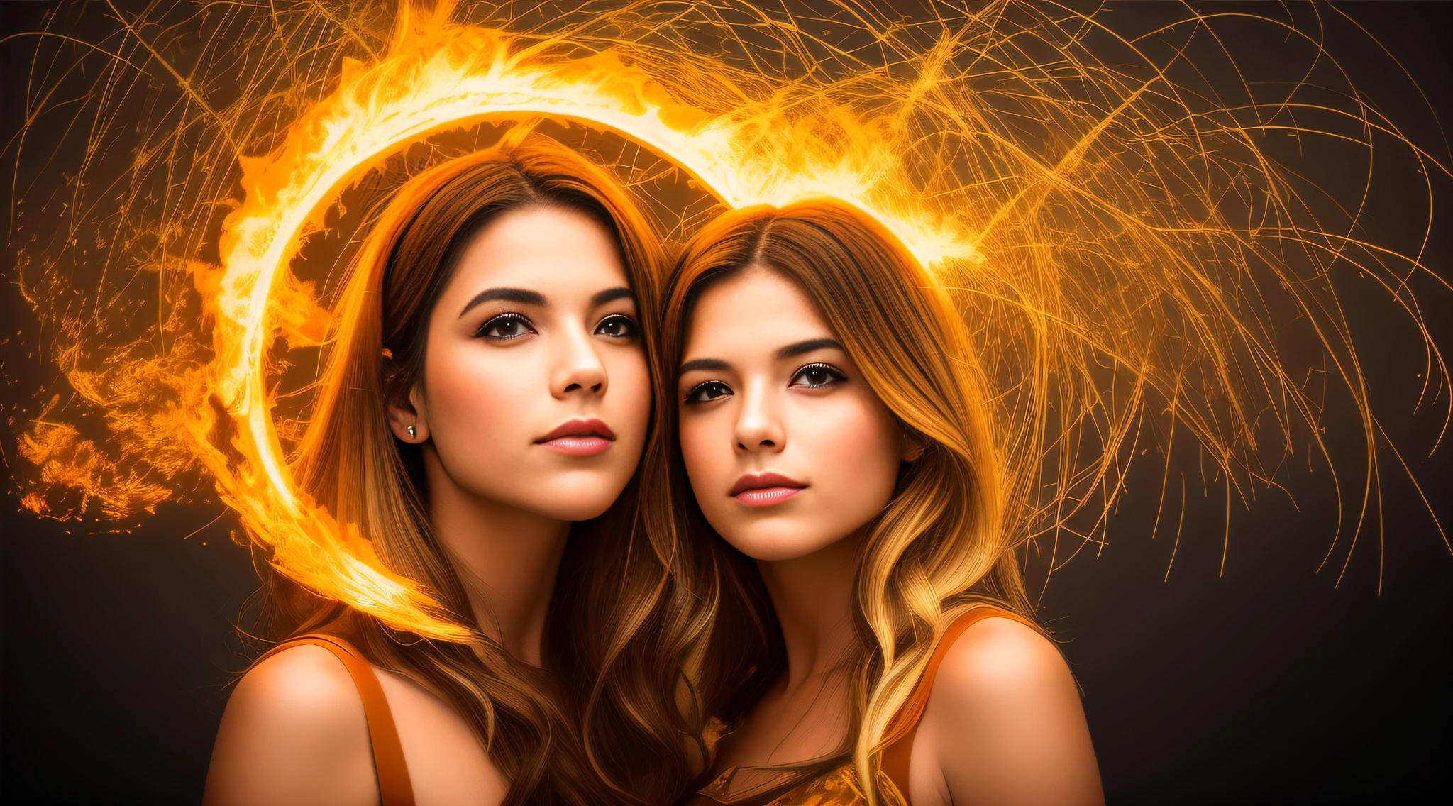 two women with rings of fire around their heads, beautiful gemini twins portrait, Modelos de 5 0 0 px, halo de fogo luminoso, Alena Aenami e Lilia Alvarado, beautiful gemini twins, cabelo feito de fogo, twin souls, Directed by: Adam Marczyński, 8k artistic portrait photography, Duas meninas, Bela Sci - Fi-twins, dois modelos no quadro