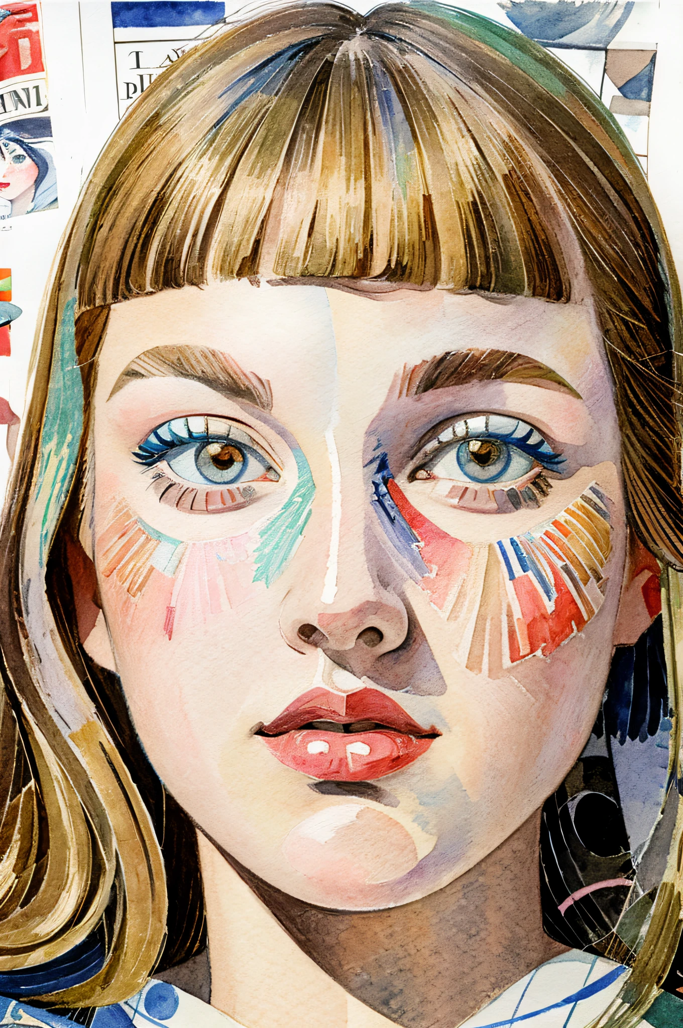 Sketched, watercolor paiting, Collage of Picasso and Robert Delaunay, cubism, Abstract, Cute daughter, big clear blue eyes, Little red cheeks, Blonde long-haired, Face-centric, Against the backdrop of newspapers and fashion magazines, Intricate Brushwork, high-level image quality, A breathtaking masterpiece