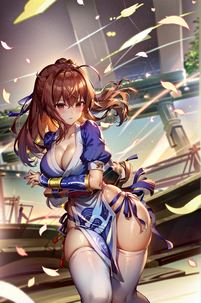 (masterpiece, best quality:1.3)
KasumiDOA, 1girl, solo, long hair, breasts, looking at viewer, bangs, large breasts, brown hair, thighhighs, dress, ribbon, cleavage, brown eyes, medium breasts, underwear, standing, panties, hair ribbon, braid, short sleeves, cowboy shot, japanese clothes, puffy sleeves, white thighhighs, puffy short sleeves, lips, sash, pelvic curtain, yellow ribbon, realistic, nose, arm guards, kote