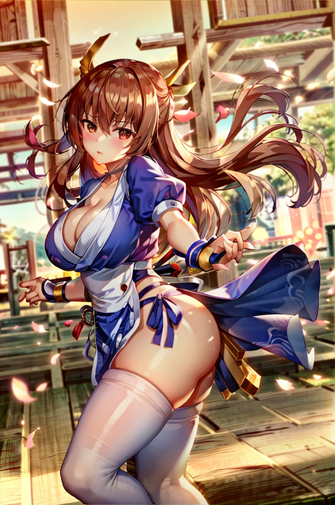 (masterpiece, best quality:1.3)
KasumiDOA, 1girl, solo, long hair, breasts, looking at viewer, bangs, large breasts, brown hair, thighhighs, dress, ribbon, cleavage, brown eyes, medium breasts, underwear, standing, panties, hair ribbon, braid, short sleeves, cowboy shot, japanese clothes, puffy sleeves, white thighhighs, puffy short sleeves, lips, sash, pelvic curtain, yellow ribbon, realistic, nose, arm guards, kote