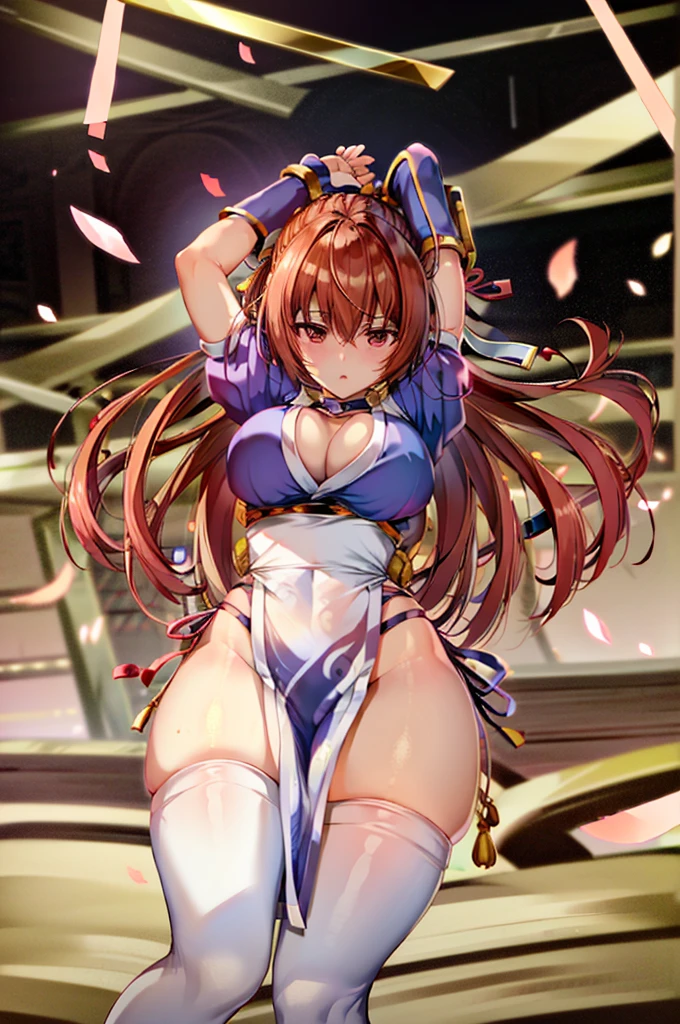 (masterpiece, best quality:1.3)
KasumiDOA, 1girl, solo, long hair, breasts, looking at viewer, bangs, large breasts, brown hair, thighhighs, dress, ribbon, cleavage, brown eyes, medium breasts, underwear, standing, panties, hair ribbon, braid, short sleeves, cowboy shot, japanese clothes, puffy sleeves, white thighhighs, puffy short sleeves, lips, sash, pelvic curtain, yellow ribbon, realistic, nose, arm guards, kote