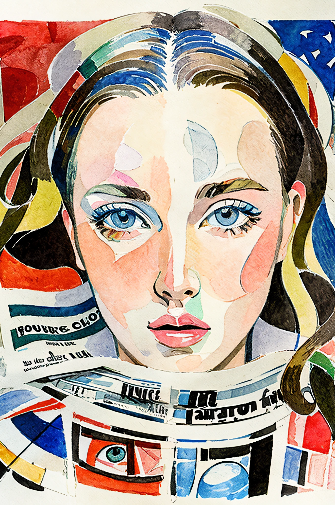 Sketched, watercolor paiting, Collage of Picasso and Robert Delaunay, cubism, Abstract, Cute daughter, big clear blue eyes, Little red cheeks, Blonde long-haired, Face-centric, Against the backdrop of newspapers and fashion magazines, Intricate Brushwork, high-level image quality, A breathtaking masterpiece
