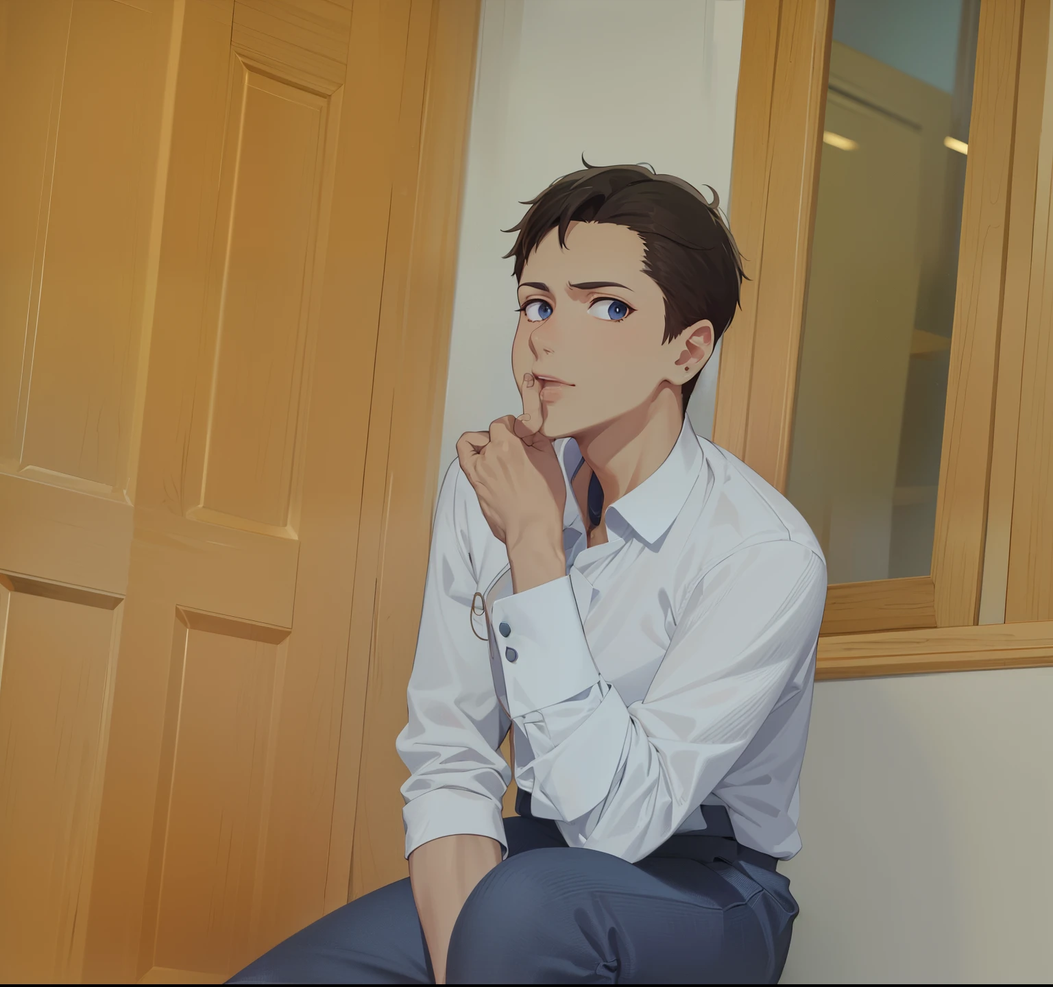 masterpiece, best quality, high quality, 1boy, solo, male focus, looking at viewer, upper body, manabe_kakeru,brown long hears,big blue eyes