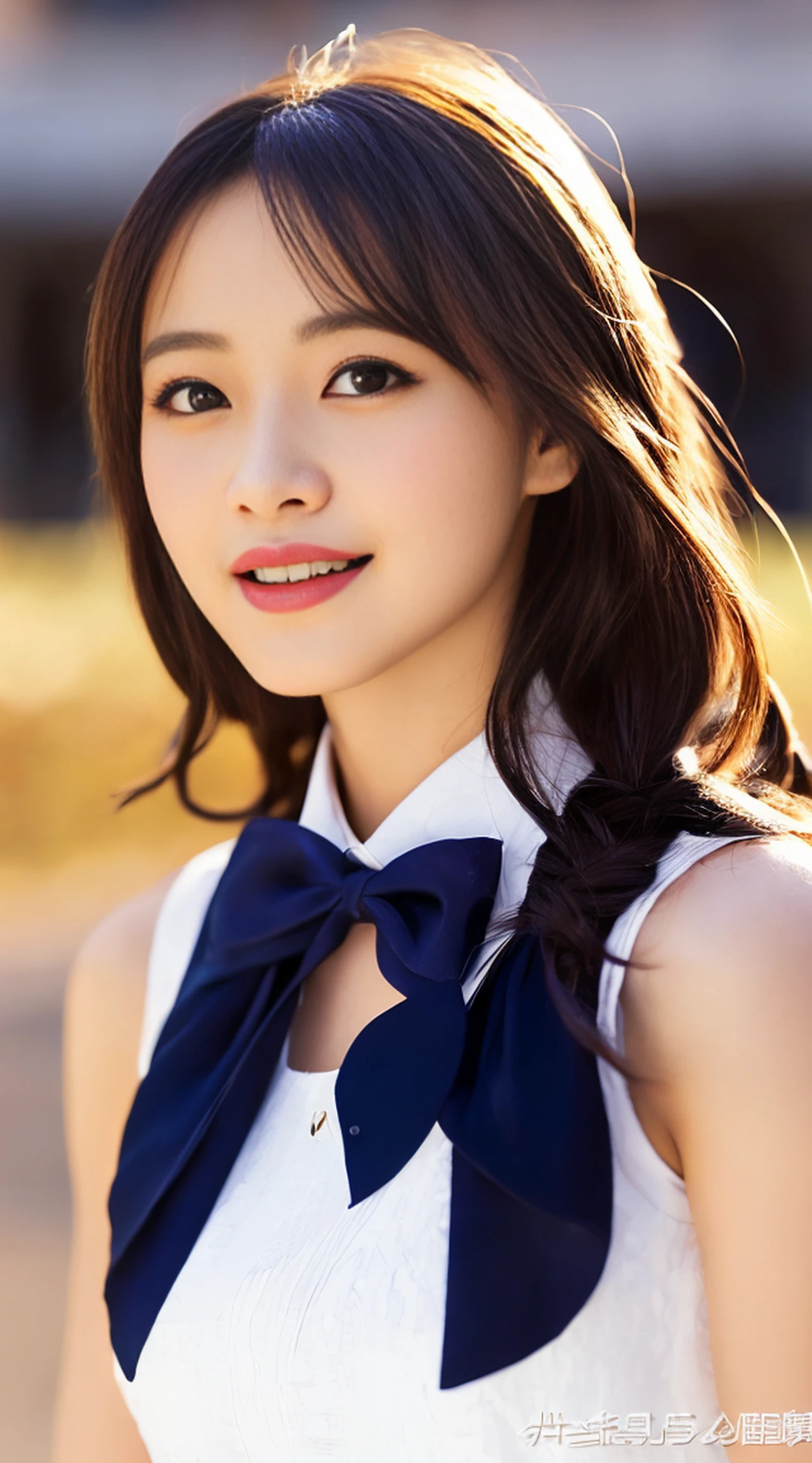 女の子1人、About 23 years old、vests、Bow、a picture、realisticlying、top-quality、adopt、A detailed face、cabaret club、A very beautiful white dress、细致背景、diffuse sunlight、depth of fields