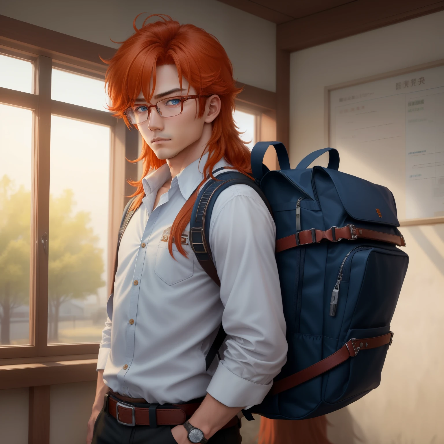 8k, masterpiece, best quality, realistic, higly detailed, cowboy shot, 1male, solo, itsuki, serious looking boy, medium-length hair, expressive ahoge, reddish-orange hair, a pair of star-shaped hairpins near both of his eyes, dark blue eyes, average height, well-endowed figure, glasses, cute, school uniform, backpack