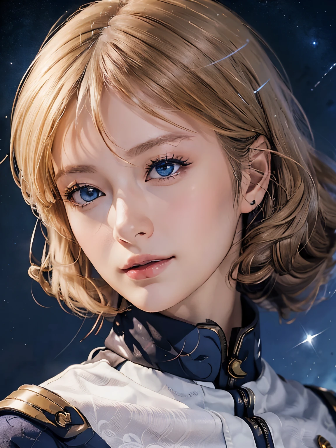 ((​masterpiece、top-quality、realisitic、ultra-detailliert、hight resolution、Photorealsitic、foco nítido、photographrealistic、Raw photography、face lights))、High brightness、bustshot、1 female、(kosmos:1.2)、(Dark blue eyes)、blonde  hair、Strong gaze、Growing eyes、((Pink Commonwealth Uniforms))、ighly detailed、Raw texture、sayla mass、Detailed hand depiction