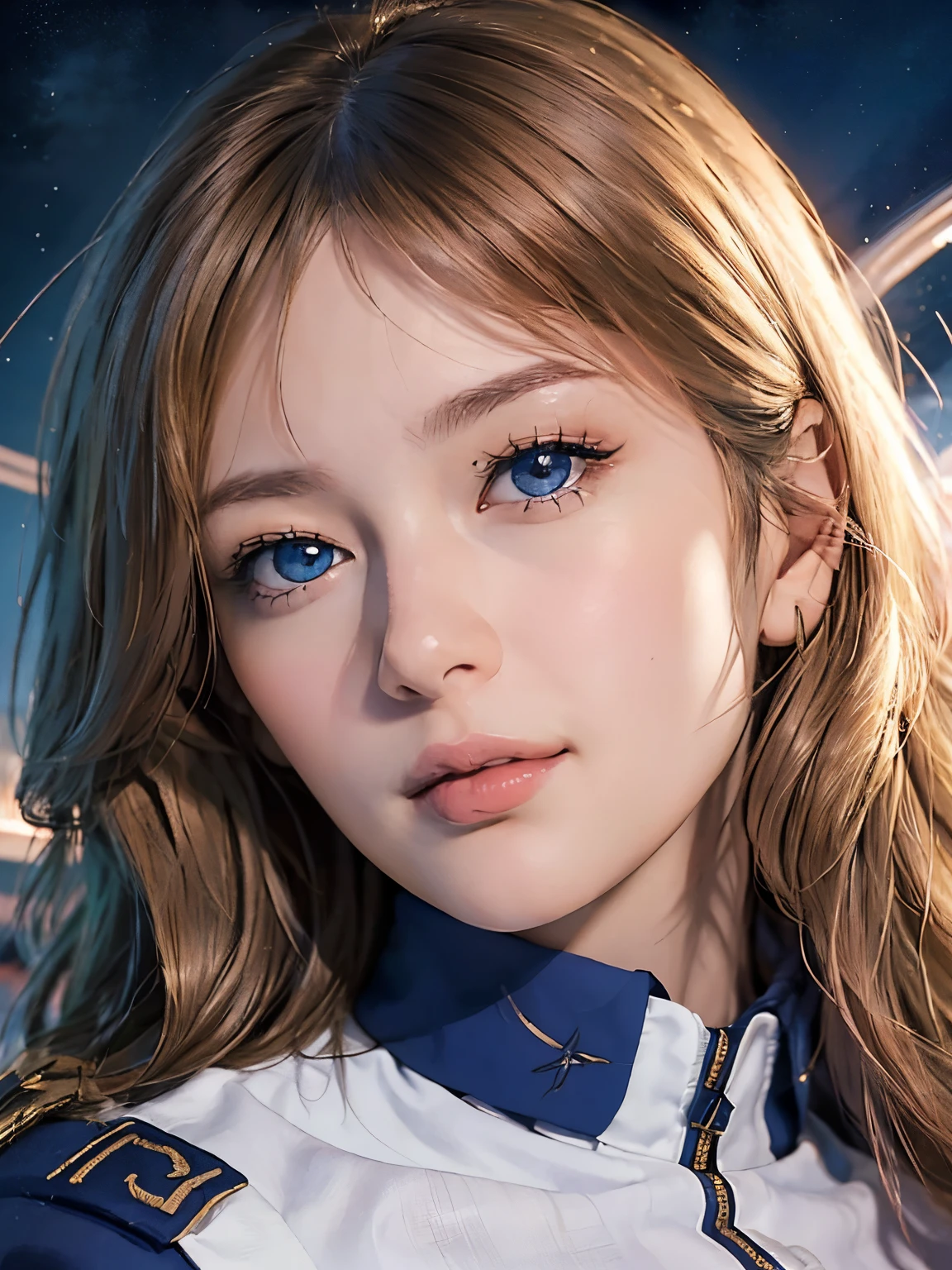 ((​masterpiece、top-quality、realisitic、ultra-detailliert、hight resolution、Photorealsitic、foco nítido、photographrealistic、Raw photography、face lights))、High brightness、bustshot、1 female、(kosmos:1.2)、(Dark blue eyes)、blonde  hair、Strong gaze、Growing eyes、((Pink Commonwealth Uniforms))、ighly detailed、Raw texture、sayla mass、Detailed hand depiction