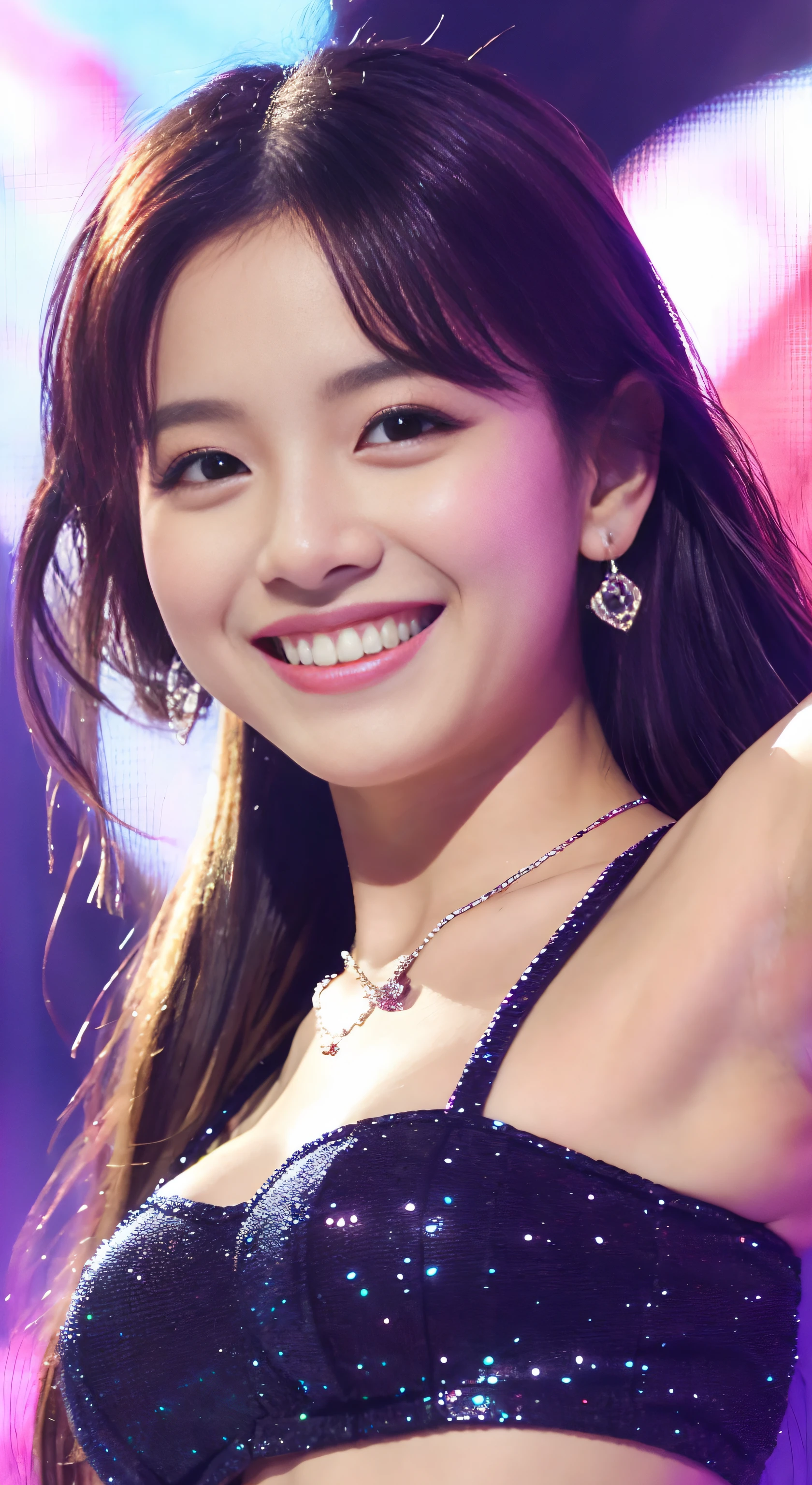 Best Quality、 hight resolution、 perfect detail, Photorealsitic、 A beautiful and cute girl、dance on stage、 Idol groups、singers、Favorite girl、A smile