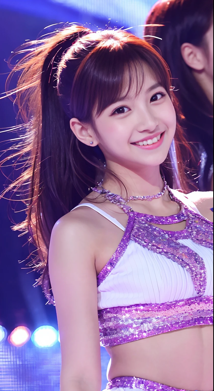 Best Quality、 hight resolution、 perfect detail, Photorealsitic、 A beautiful and cute girl、dance on stage、 Idol groups、singers、Favorite girl、A smile