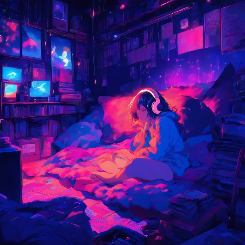 Girl sleeping in a comfortable room at night, Using headphones, 2D style anime, Lo-fi, Hard disk, Dark environment