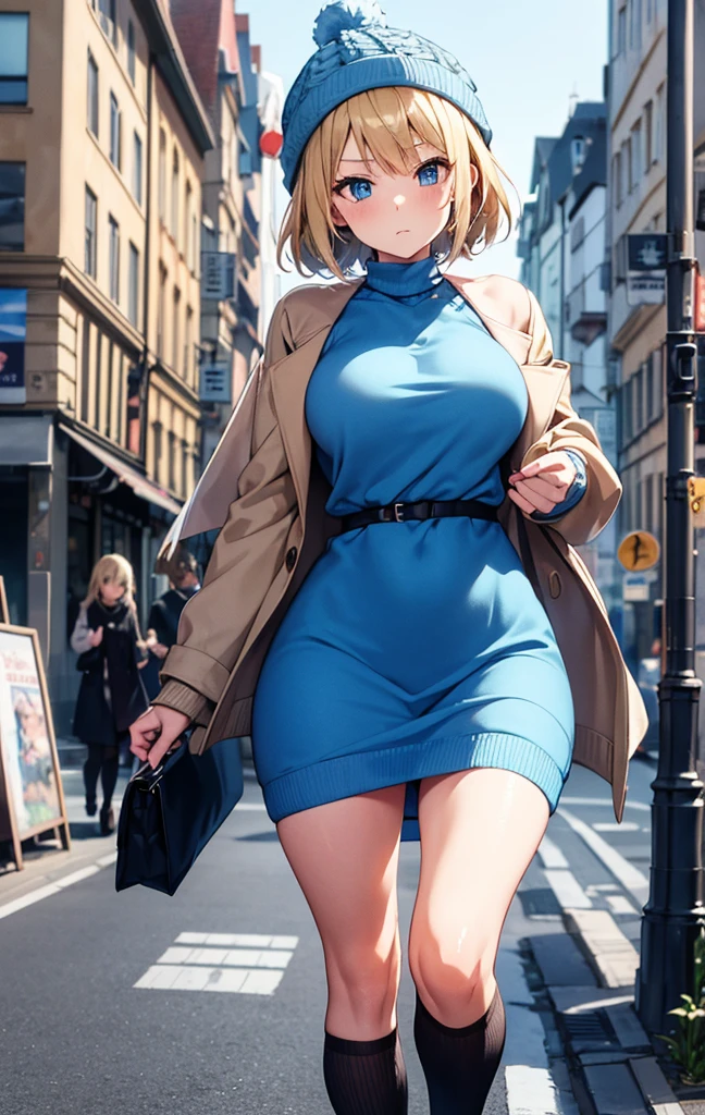 2D Anime Style、Beautiful blue eyes(Talented lo-fi:1.3),breasts are slightly larger、Blonde Shorthair,Cool adult woman with a serious expression.,Knitted dresses,Wearing a knitted hat,Wear a long coat,walking in city,European-style cityscape,