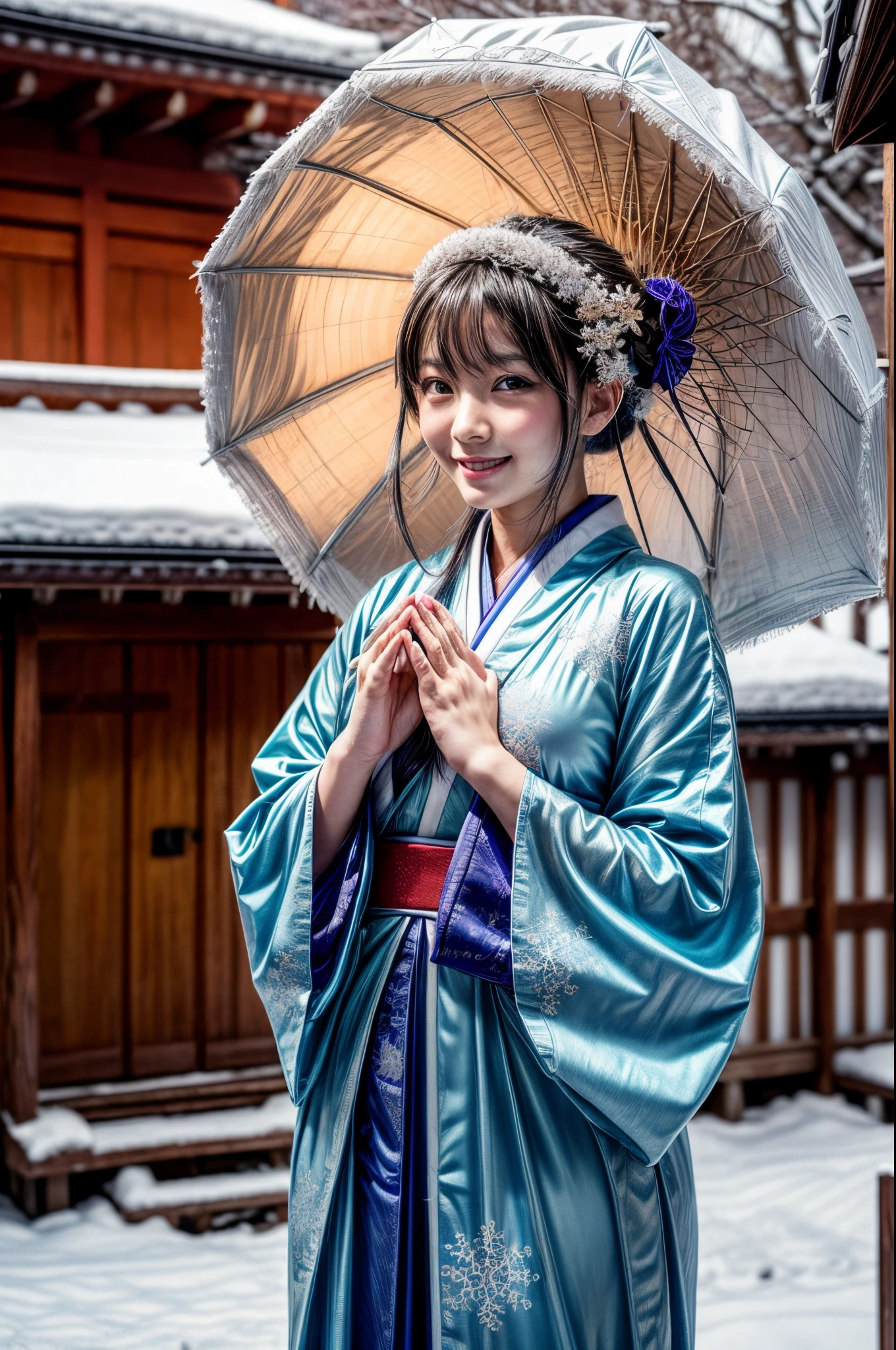 (masutepiece:1.3, Photorealsitic:1.4, 8K), top-quality, masterpiece, 超A high resolution, Perfect dynamic composition, Highly detailed skin and facial texture:1.3, A detailed eye, Detailed limbs, natta, New Year, snowflakes falling, Precincts of a shrine in snow country:1.2, 1girl in, Cute sexy 22 year old slim woman, Fair skin, ((Natural smile:0.9, Totally captivates you:1.0)), (accurate shrine maiden costume:1.2), ((voluptuous breasts:0.8)) (Facing the front, Praying), (Beautiful blue eyes, Eyes that feel beautiful eros:0.85), Sexy face:0.4, (A mouthfeel that feels beautiful eros:0.85), ((Too cute beauty:0.9))