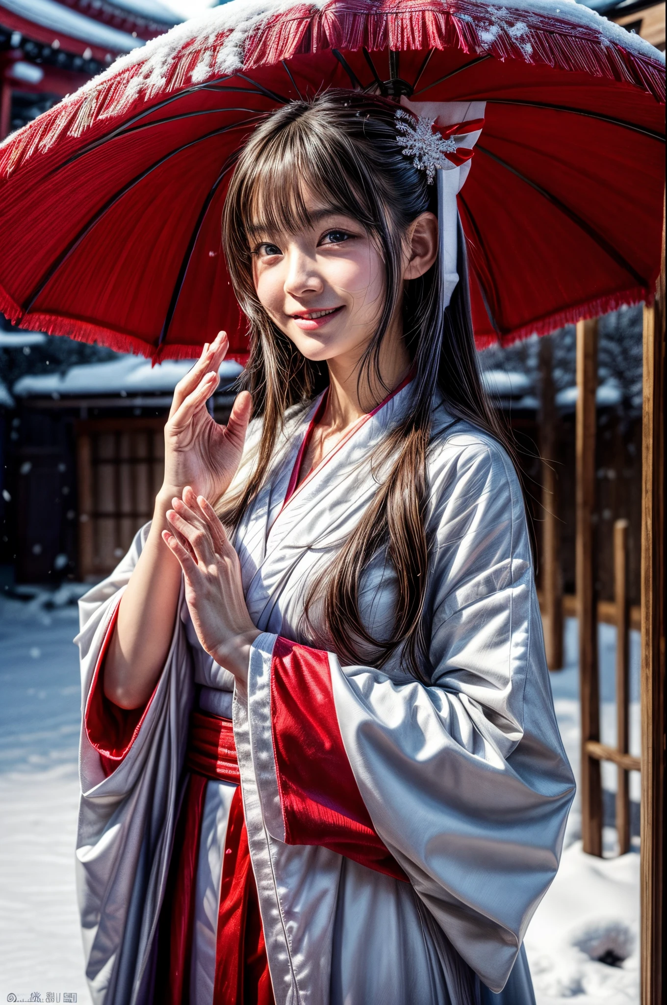 (masutepiece:1.3, Photorealsitic:1.4, 8K), top-quality, masterpiece, 超A high resolution, Perfect dynamic composition, Highly detailed skin and facial texture:1.3, A detailed eye, Detailed limbs, natta, New Year, snowflakes falling, Precincts of a shrine in snow country:1.2, 1girl in, Cute sexy 22 year old slim woman, Fair skin, ((Natural smile:0.9, Totally captivates you:1.0)), (accurate shrine maiden costume:1.2), ((voluptuous breasts:0.8)) (Facing the front, Praying), (Beautiful blue eyes, Eyes that feel beautiful eros:0.85), Sexy face:0.4, (A mouthfeel that feels beautiful eros:0.85), ((Too cute beauty:0.9))