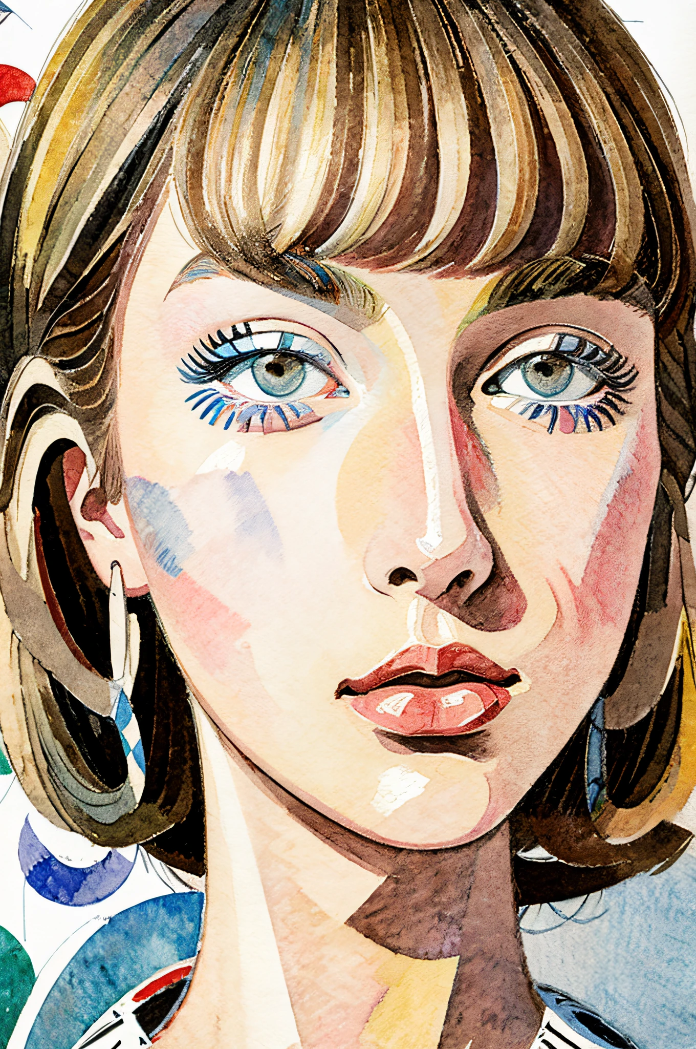 Sketched, watercolor paiting, Collage of Picasso and Robert Delaunay, cubism, Abstract, Cute daughter, big clear blue eyes, Little red cheeks, Blonde long-haired, Face-centric, Against the backdrop of newspapers and fashion magazines, Intricate Brushwork, high-level image quality, A breathtaking masterpiece