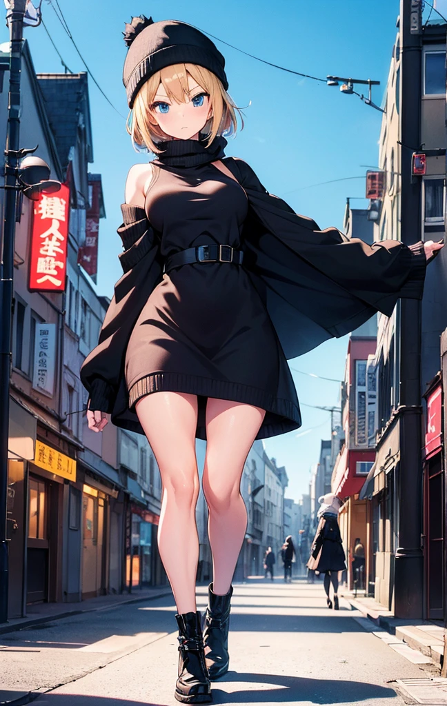 2D Anime Style、Beautiful blue eyes(Talented lo-fi:1.3),breasts are slightly larger、Blonde Shorthair,Cool adult woman with a serious expression.,Black knitted dress,Wearing a black knitted hat,Wear a long coat,walking in city,European-style cityscape,