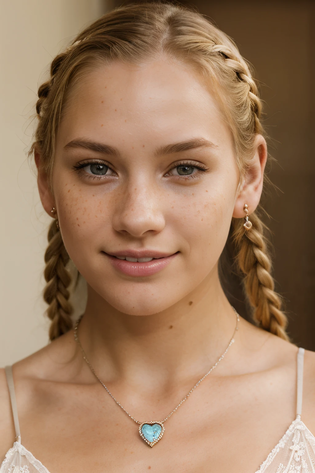 masterpiece, photorealistic, close up face portrait, 1 lady, alluring woman, smiling wistfully, blonde, sofisticated, jewelery, necklace , earings, piercings, young beautiful, cute freckles, realistic skin textures, skin imperfections, twin braids, young girl, freckled,blonde, freckled pale skin, anna nikonova aka newmilky, lacey