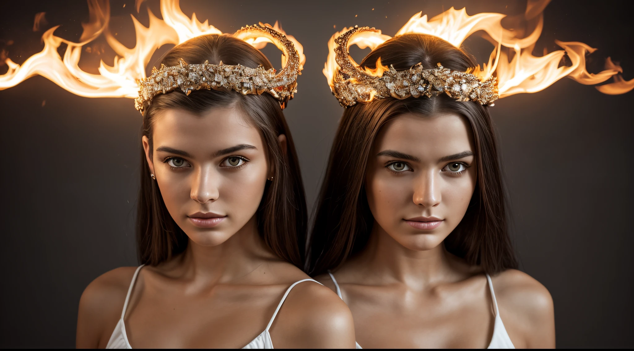 two women with rings of fire around their heads, beautiful gemini twins portrait, Modelos de 5 0 0 px, halo de fogo luminoso, Alena Aenami e Lilia Alvarado, beautiful gemini twins, cabelo feito de fogo, twin souls, Directed by: Adam Marczyński, 8k artistic portrait photography, Duas s, Bela Sci - Fi-twins, dois modelos no quadro