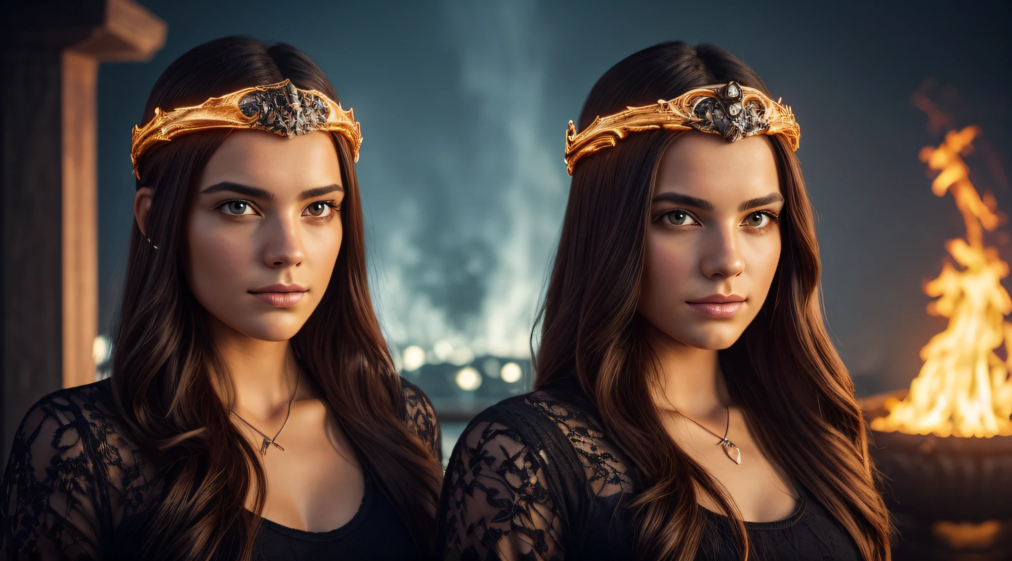 two women with rings of fire around their heads, beautiful gemini twins portrait, Modelos de 5 0 0 px, halo de fogo luminoso, Alena Aenami e Lilia Alvarado, beautiful gemini twins, cabelo feito de fogo, twin souls, Directed by: Adam Marczyński, 8k artistic portrait photography, Duas meninas, Bela Sci - Fi-twins, dois modelos no quadro