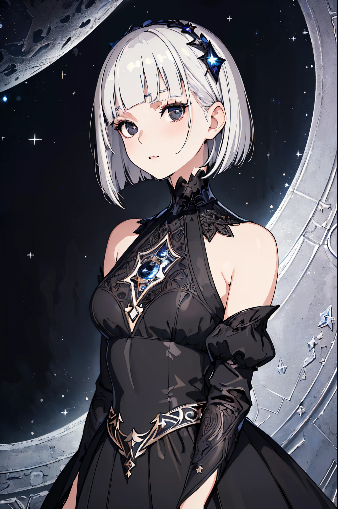 (best quality, masterpiece, RAW photo,ultra-detailed:1.2), A young woman in a simple noble black dress,  pale skin, silver hair, black eyes, fantasy portrait, short hair, bob cut, bangs, starry night, starry background, beautiful and intricate details, occult symbols on her clothing