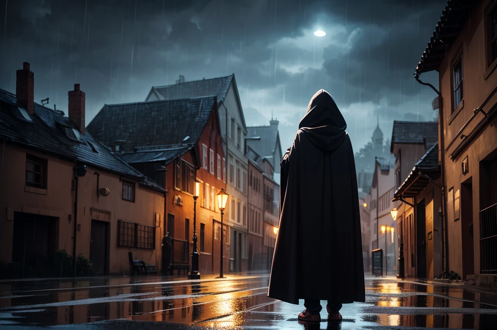 A wary traveler in a hood and thick cloak stands outside the gate of a medieval town, town gate, dark sky, pouring rain, more rain, puddles, dark, torch light, low angle, medium distance, shuttered windows, focus on guy, guy close to viewer, traveler seen from behind, dreary day, despair, terrible weather, haze, drab colors, darkness, (outside), miserable, dramatic lighting, high res, ultrasharp, masterpiece