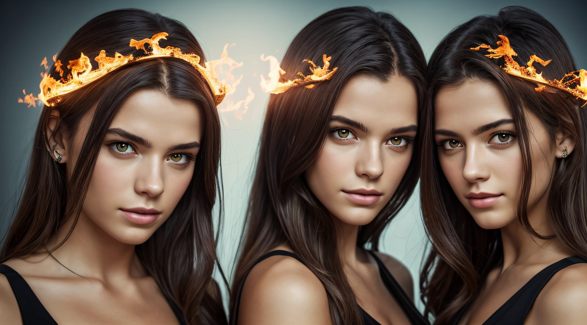 two women with rings of fire around their heads, beautiful gemini twins portrait, Modelos de 5 0 0 px, halo de fogo luminoso, Alena Aenami e Lilia Alvarado, beautiful gemini twins, cabelo feito de fogo, twin souls, Directed by: Adam Marczyński, 8k artistic portrait photography, Duas meninas, Bela Sci - Fi-twins, dois modelos no quadro