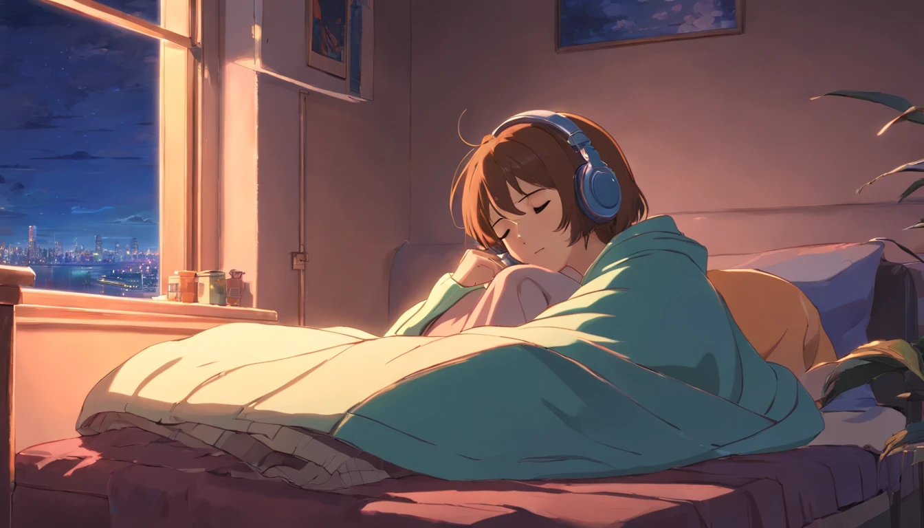 a girl, lying sleeping, wearing a big sweater, wearing headphones, legs covered with a blanket, lofi, calm, calm atmosphere, in her room looking at the window, cool, night, quiet night, cat, masterpiece, best quality