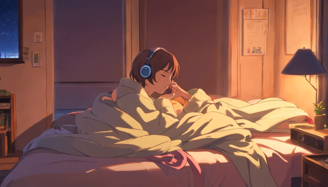 a girl, lying sleeping, wearing a big sweater, wearing headphones, legs covered with a blanket, lofi, calm, calm atmosphere, in her room looking at the window, cool, night, quiet night, cat, masterpiece, best quality