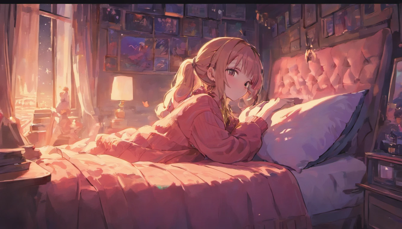 a girl, lying sleeping, wearing a big sweater, wearing headphones, legs covered with a blanket, lofi, calm, calm atmosphere, in her room looking at the window, cool, night, quiet night, cat, masterpiece, best quality