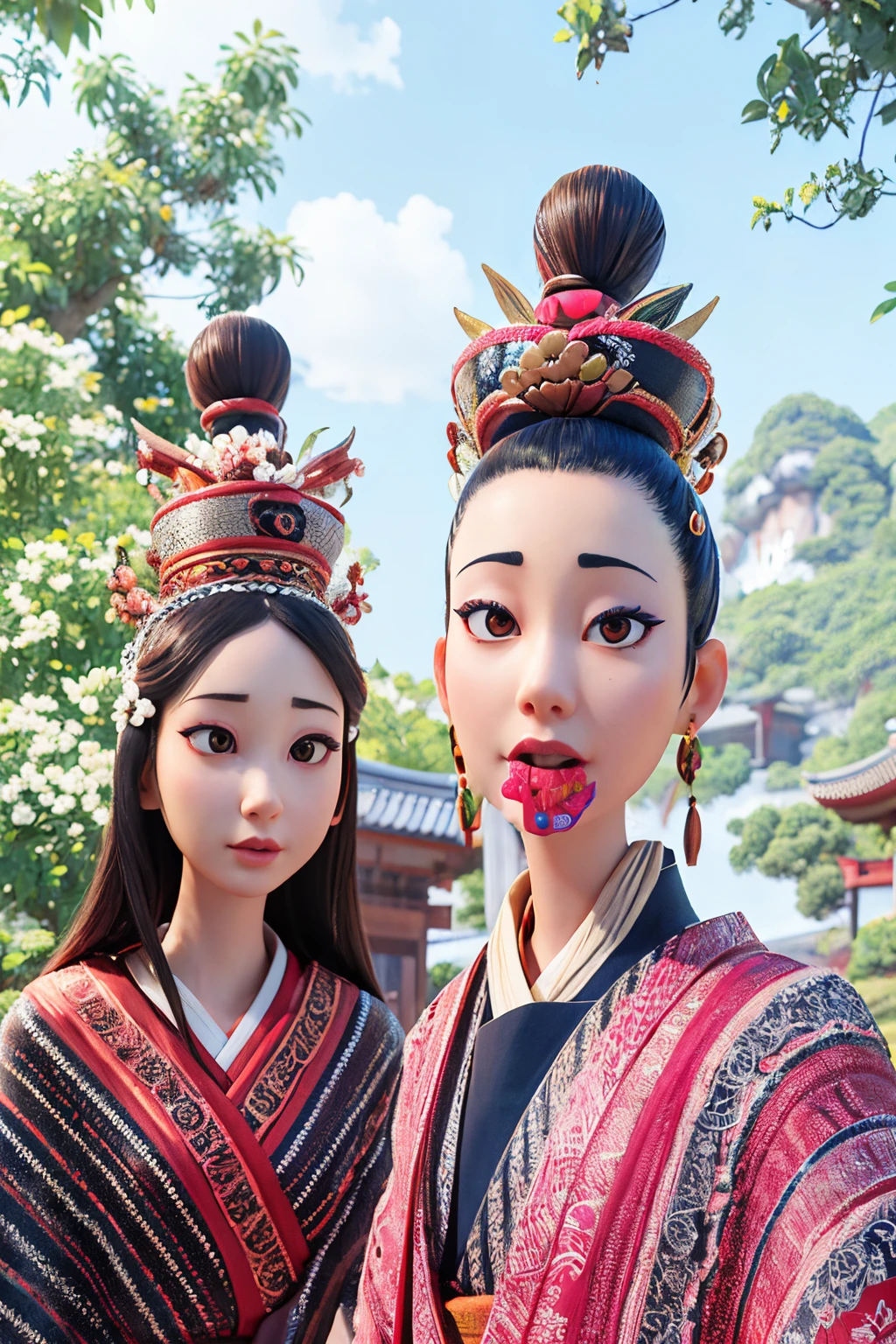 (yangmi), RAW photo, best quality, high resolution, (masterpiece), (photorealistic:1.4), professional photography, sharp focus, HDR, 8K resolution, perfect anatomy, intricate detail, sophisticated detail, depth of field, (extremely detailed CG unity 8k wallpaper), highlight and shadow, vivid color palette, 20 years old model, 1 girl, (skinny), (slender), smaller head, thin waist, extremely detailed background, detailed skin, perfectly detailed symmetrical face, detailed nose, detailed mouth, pose, wearing japanese kimono, japanese shrine, fully covered,