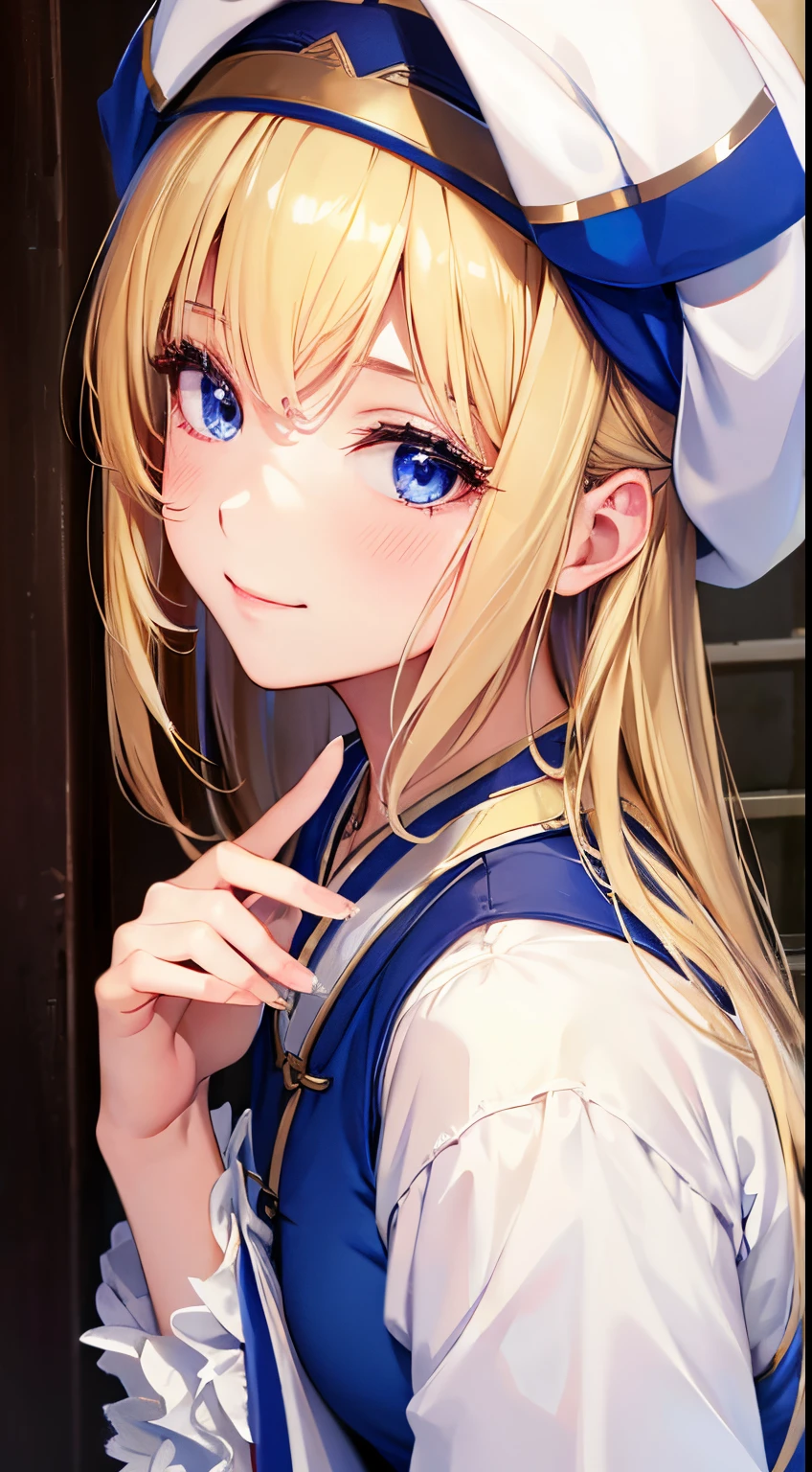 Best Quality,High resolution, Ultra-detailed,Game CG,a beauty girl,a blond,Blue eyes,White cap, Hanfu,(fingersmile)