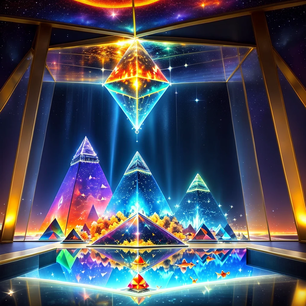 glass pyramid with goldfish, floating in space, the pyramid is the base of the Water Fountain, Jets of light shoot out from the fountain and rush into space, the stars, colorful gas clouds, flickering, glistering, Surrealism, prism, Psychedelic, immense detail, a  photo of a, tmasterpiece, photo-realistic, atmospheric, Filmic, 8k