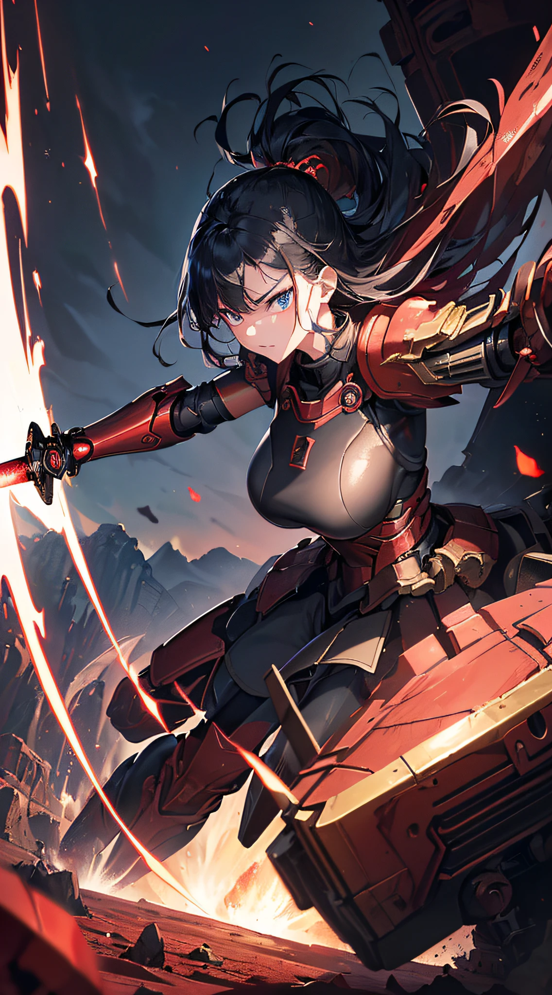 top-quality、Top image quality、masterpiece、girl with((red and black mechanical body armor、blue mechanic arm、white leg arms、Shining gold body line、sixteen years old、teen ager、cute little、Best Bust、big bast,Beautiful light blue eyes、Breasts wide open, Black hair semi-long、A slender,Large valleys、belligerent movements,glowing whip、Warlike face、fighting poses、red glowing shield、Japanese sword shining red、Bruised body、Red muffler)),hiquality、Beautiful Art、Background with((Mechanical City、TOKYOcty)))、Depth((Black Giant Robot)),masutepiece、depth of fields,Cinematic style