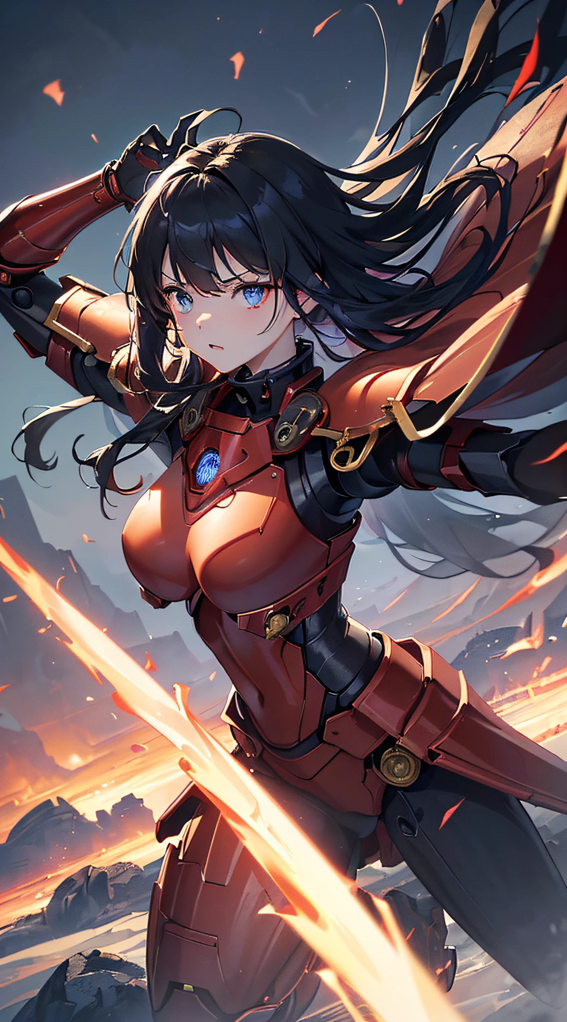 Anime illustration of a fierce girl in elaborate Code Geass armor, deep crimson eyes, sleek black hair with blunt bangs and distinctive hair intakes, medium hair length, Hiro Mashima style, Blood-C influence, highres, ultra-detailed, anime, intense red eyes, sleek design, futuristic armor, Code Geass, Blood-C, medium hair, distinctive hair intakes, fierce expression, anime style, professional, dynamic lighting