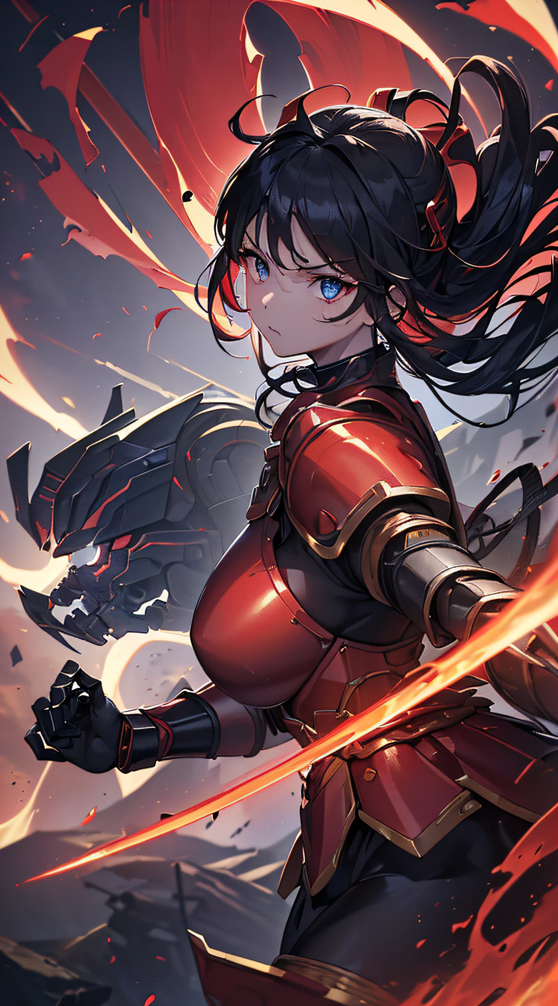 top-quality、Top image quality、masterpiece、girl with((red and black mechanical body armor、blue mechanic arm、white leg arms、Shining gold body line、、teen ager、cute lit Bust、big bast,Beautiful light blue eyes、Breasts wide open, Black hair semi-long、A slender,Large valleys、belligerent movements,glowing whip、Warlike face、fighting poses、red glowing shield、Japanese sword shining red、Bruised body、Red muffler)),hiquality、Beautiful Art、Background with((Mechanical City、TOKYOcty)))、Depth((Black Giant Robot)),masutepiece、depth of fields,Cinematic style